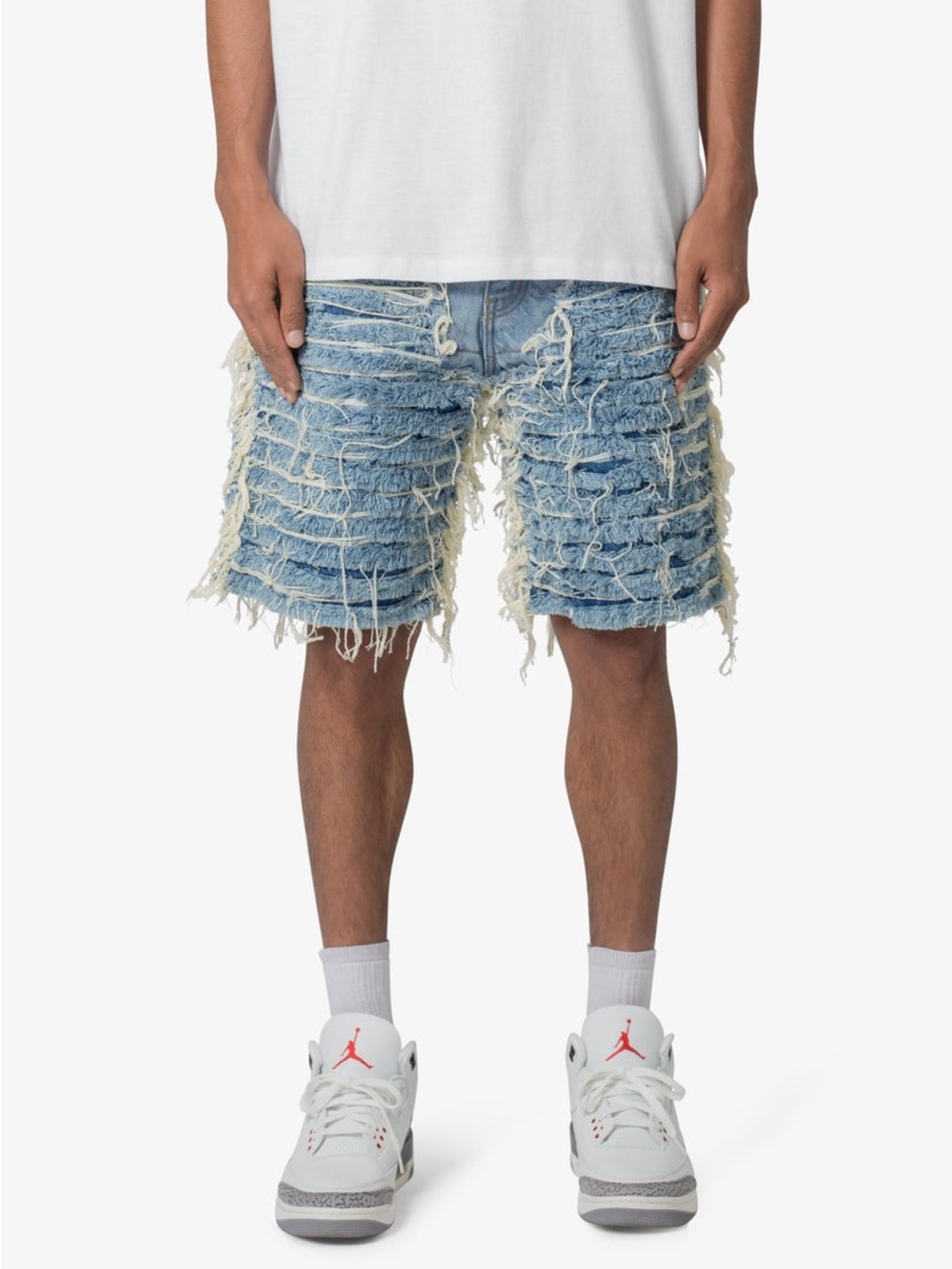 mnml Frayed Light Blue Distressed Denim Shorts